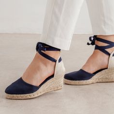 Biankina Sevilla Eco Canvas Vegan Espadrille Lace Up Wedges for Women - Navy Blue Navy Wedge Sandals, Summer Espadrilles, Navy Wedges, Spain Design, Blue Espadrilles, Vegan Sandals, Lace Up Wedges, Vegan Shoes, Flat Espadrilles