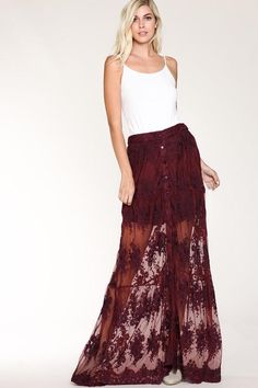 Embroidered Burgundy Sexy Mesh Lace Maxi Skirt Summer Lace Maxi Skirt, Lace Lined Summer Maxi Skirt, Summer Lace Lined Maxi Skirt, Party Lace Lined Maxi Skirt, Party Lace Maxi Skirt With Lining, Summer Lace Long Maxi Skirt, Summer Maxi Length Bottoms With Lace Trim, Summer Maxi Bottoms With Lace Trim, Sheer Long Maxi Skirt For Summer