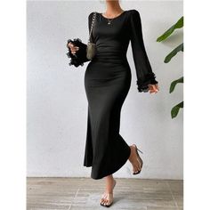 Embrace Sophistication With This Black Bodycon Dress, Crafted To Make An Elegant Statement. Featuring A Round Neckline And Long Flare Sleeves, It Combines Refined Details With Modern Flair. The Contrast Mesh Accents, Ruched Bodice, And Ruffle Hem Add A Touch Of Dramatic Charm, While The Natural Waistline And Mermaid-Shaped Hem Create A Flattering Silhouette. Made From Medium-Stretch Knitted Fabric, This Long Dress Offers A Regular Fit That Moves Comfortably With You. The Non-Sheer Design Ensures Elegant Stretch Bodycon Evening Dress, Elegant Stretch Bodycon Dress For Evening, Elegant Long Sleeve Ruched Evening Dress, Elegant Evening Dress With Mermaid Hem, Elegant Fitted Bodycon Dress With Mermaid Hem, Fitted Solid Color Evening Dress For Cocktail, Fitted Solid Color Cocktail Evening Dress, Black Fitted Ruched Evening Dress, Fitted Black Ruched Evening Dress