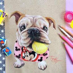 a drawing of a dog with a tennis ball in its mouth, surrounded by crayons and pencils