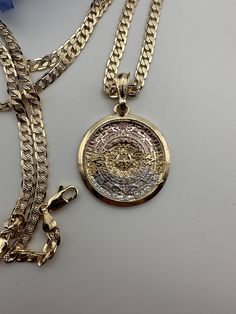 Gold plated Tarnish free/won't turn your skin green with proper care Pendants and Chains are gold plated 5 times for a long lasting durable shine Calendar Necklace, Aztec Calendar, Green Collection, St Jude, Chain Gold, Cross Jewelry, Eye Protection, Your Skin, Necklace Set