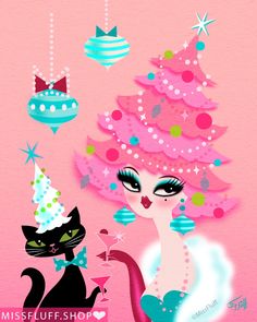 a painting of a woman with pink hair and a cat in front of a christmas tree