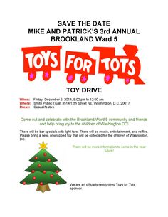 the flyer for toys for tots drive is shown in red and green letters, with an image of a christmas tree