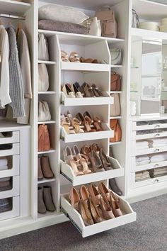 an organized closet with shoes and purses