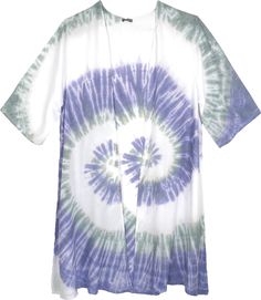 A cool light weight bohemian jacket with short sleeves and an open front, this free flowing shrug in white has beautifully crafted blue tie dye spiral.  The loose-fit style can be worn as a beach or yoga cover up. #tlb #JuniorPetite #Misses #vacationclothing #beachwrap #Jacket #TieDye #tiedyekimono #kneelengthduster #bohoduster #hippiefallwear #Bohobeachwear Casual Tie Dye Kimono For Summer, Casual Tie Dye Kimono For Spring, Casual Tie-dye Kimono For Spring, Casual Tie Dye Spring Cover-up, Casual White Relaxed Fit Kimono, Casual Summer Tie Dye Cover-up, Boho Beach Wear, Tie Dye Spiral, White Tunic Shirt