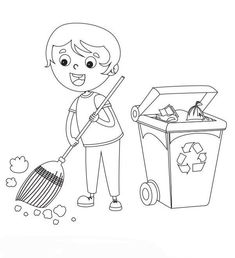 a girl cleaning the floor with a mop and trash can coloring page for kids