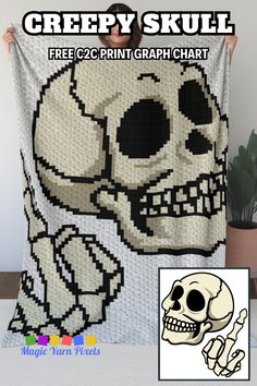 a woman holding up a skull quilt with the words creepy skull on it and an image of