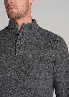 About Our Three Button Mock Neck Tall Men's Sweater Timeless style is now available in your size. This tall men's sweater is designed with classic fashion, featuring a toasty wool blend in a textured, ribbed knit. The neckline features three buttons so you can customize your climate, while ribbing along the hem and cuffs help keep you warm. We designed this extra-long sweater with a regular fit that sits next to the body without being baggy or loose. Tailored specifically for men from 6’ to 7’1, Scrubs Dress, Athleisure Summer, Cozy Sleepwear, Summer Lookbook, Extra Long Sleeves, Long Sweater, Sports Blazer, Long Sleeve Tee Shirts, Classic Fashion