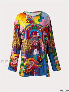 Peilia - Womens Casual Spring & Fall Long Sleeve Tunic Top with Cartoon Print, Crew Neckline - Stylish and Comfortable Womens Clothing Multicolor Cartoon Print Beach Tops, Long Sleeve Graphic Print Hippie Top, Multicolor Rainbow Print Tops For Festivals, Festival Multicolor Tops With Rainbow Print, Festival Multicolor Rainbow Print Tops, Womens Casual, Casual Spring, Long Sleeve Tunic, Cartoon Print