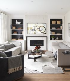 a living room with two couches and a coffee table in front of a fire place