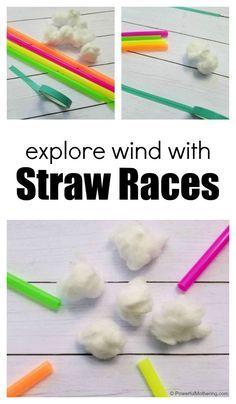 some straws are laying on the ground and there is text overlay that says explore wind with straw races