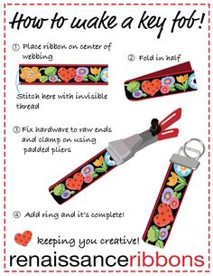 instructions for how to make a key fob with flowers and hearts on red background