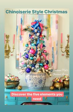 a decorated christmas tree sitting on top of a blue table