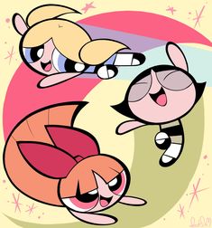 the powerpuff girls cartoon characters are flying through the air with their heads together