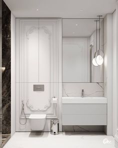 a white bathroom with marble walls and floor