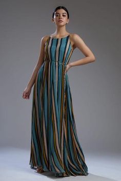 Shop for KoAi Multi Color Chiffon Striped Maxi Dress for Women Online at Aza Fashions Flare Long Dress, Girls Maxi Dresses, Maxi Dress For Women, Striped Maxi Dress, Maxi Dress Online, Multicolor Dress, Striped Maxi, Striped Maxi Dresses, Yellow Fabric