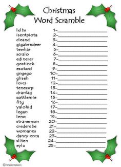 christmas word scramble with holly leaves