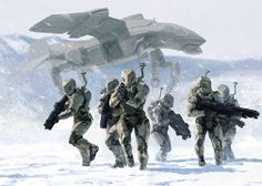 some sci - fi soldiers are walking in the snow