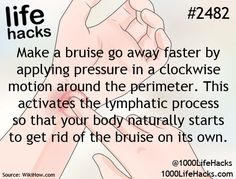 1000 Life Hacks: make a bruise go away faster by applying pressure in a clockwise motion around the perimeter. 100 Life Hacks, 1000 Lifehacks, Helpful Hacks, Start Living Life, 1000 Life Hacks, Simple Life Hacks, Life Hack, Diy Life Hacks, Diy Life