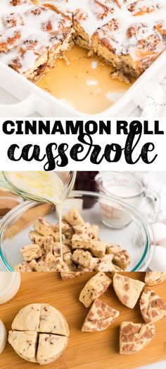 cinnamon roll casserole is being drizzled with icing