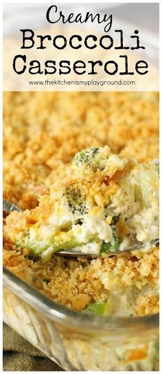 broccoli casserole is served in a glass dish