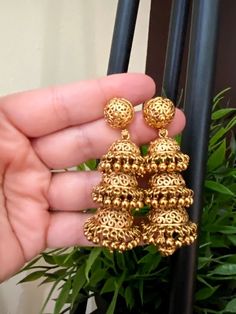 "Big Jhumka Length: 2.5\" Gorgeous Gold Earrings with gold drops. Highest quality and craftsmanship, Ready to ship from Edison NJ USA Please contact us any questions" Gold Dangle Jhumkas For Celebration, Gold Pierced Jhumkas For Festive Occasions, Festive Gold Pierced Jhumkas, Festive Pierced Danglers For Festivals, Festive Pierced Jhumkas Drop Earrings, Heavy Gold Dangle Earrings, Gold Elegant Ceremonial Jhumkas, Jumki Gold, Gold Brass Drop Jhumkas