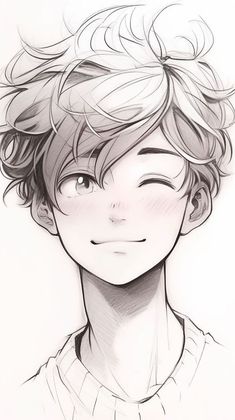 a black and white drawing of a boy with curly hair