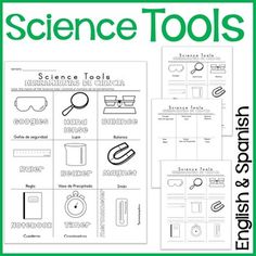 the science tools worksheet is shown in green and white with black text on it