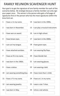 the family reunion scavenger hunt is shown in this printable activity for kids