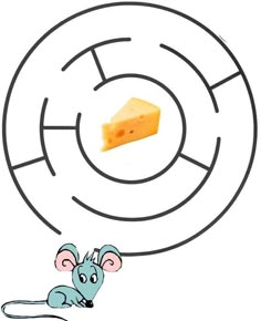 a mouse is looking at a piece of cheese in the middle of a spiral maze