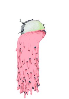 an image of a pink object with water droplets on it's side and a green piece of fruit in the middle