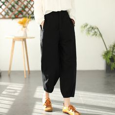 Details: Gender: Women Item Type: Pants Material: Cotton Linen Season: Spring, Autumn Pattern: Solid Style: Casual, Loose, Retro Waist Type: Elastic Waist Size: One Size Waist: 64.00 - 90.00 cm/ 25.20 - 35.43 " Length: 86.00 cm/ 33.86 " Hip: 102.00 cm/ 40.16 " Casual Non-stretch Harem Pants For Work, Non-stretch Casual Harem Pants For Work, Spring Cotton Ankle-length Harem Pants, Spring Ankle-length Cotton Harem Pants, High Waist Loose Fit Cotton Capris, Trendy Baggy Harem Pants For Workwear, Trendy Harem Pants With Loosely Fitted Hips For Work, Non-stretch High-waisted Cotton Harem Pants, High-waisted Non-stretch Cotton Harem Pants