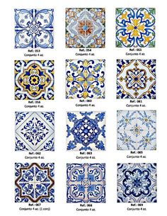 the different types of tiles that are used in various styles and colors, including blue, yellow