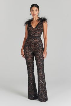 Hbcu Pageant, Evening Jumpsuits, Nadine Merabi, Harlem Nights, Embellished Jumpsuit, Ostrich Feather Trim, Evening Jumpsuit, Belted Jumpsuit, Belt Jumpsuit