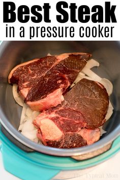 beef steak in a pressure cooker with onions and garlic