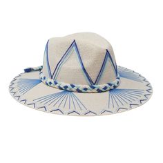 a white hat with blue trims and braid around the brim, on a white background