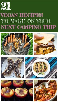 the cover of 21 vegan recipes to make on your next camping trip, with pictures of food