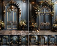 the doors are decorated with flowers and greenery in gold and blue colors, as well as candles