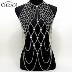 Chran New Fashion Sexy GOLD and SILVER Draped Crystal Netted Necklace Beach Chain Bikini Jewelry Harness DDBJ9002 Free Shipping Chainmail Clothing, Full Body Chain, Body Jewerly, Macrame Clothes, Body Necklace, Shoulder Necklace, Body Chain Jewelry, Chic Accessories, Fantasy Fashion