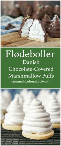 chocolate covered marshmallow puffs on a cooling rack with text overlay that reads, fieldeboller danish chocolate - covered marshmallow puffs