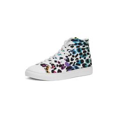 Our Rainbow Leopard Print Hightop Canvas Shoes are a minimalist sneaker but gives comfort for a day or edgy night look. Their upper part is handcrafted from high quality Polyester Canvas for maximum comfort and performance.Their lace-up closure provides for a snug fit, while their padded collar and soft insoles make them incredibly comfortable to wear! Breathable lining, soft insole Faux leather toe cap Lace-up front Padded collar Printed, cut, and handmade Size & Fit Runs TTS See size chart Mat Minimalist Sneakers, Rainbow Leopard Print, Rainbow Leopard, Photo Proof, Night Looks, Canvas Shoes, Snug Fit, High Tops, Leopard Print