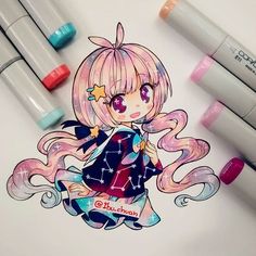 a drawing of a girl with pink hair and stars on her shirt next to markers