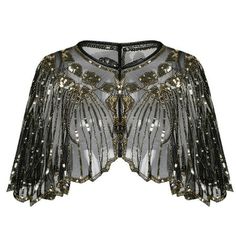 PrettyGuide Women's 1920s Shawl Beaded Sequin Deco Evening Cape Bolero Flapper Cover up 1.Exquisite decoration is what this 1920s cape will show to everyone,absolutely boutique. 2.The whole shawl art deco with sequins and beads,look vintage and luxury. 3.All the decoration embellished on the soft tulle,provide a softness and lightness feeling. 4.The zig zag hemline design looks fancy and chic. 5.This 1920s shawl is perfect to go with PrettyGuide 1920s flapper dress, great for wedding/evening /pa 1920s Shawl, Flapper Outfit, Mesh Scarf, Sequin Cape, Fringe Shawl, Dress With Shawl, Cocktail Dress Vintage, Cruise Wear, Dress Halloween Costume