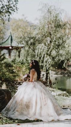 a woman in a wedding dress sitting on the ground next to a pond and trees