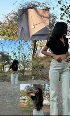 a collage of photos with a woman wearing high waisted jeans and crop tops