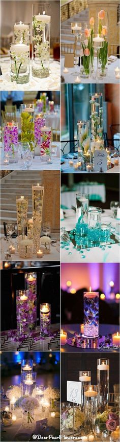 many different pictures of vases with flowers and candles in them on the table at a wedding reception