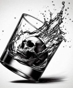 a skull in a glass with water splashing on it's face and the bottom half