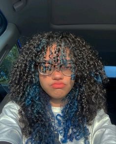 Blue Peekaboo Hair Curly, Long Dyed Curly Hair, Hair Dye Ideas Curly Hair Natural Curls, Colored Bangs Curly Hair, Black Hair With Blue Highlights Curly, Blue Hair Highlights Curly, Hair Dye Ideas Black Women Blue, Cool Hair Dye Ideas For Curly Hair, Blue Black Curly Hair Natural