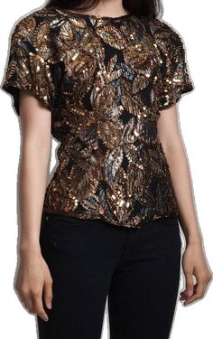 Gold Sequin Short Sleeve Top, Gold Tops For Festive Night Out, Gold Sequined Short Sleeve Top, Party Metallic Embellished Tops, Gold Tops For Formal Party Season, Gold Formal Tops For Party Season, Gold Top For Festive Night Out, Gold Tops For Evening Wear In Fall, Gold Festive Top For Night Out