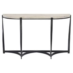 a white marble top console table with black metal legs and an oval shaped shelf on one end